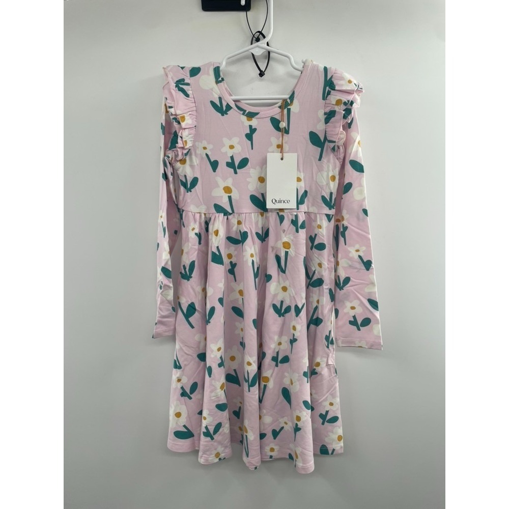 NWT Quince Bamboo Long Sleeve Flutter Twirl Dress Girls 6 Pink Floral Ruffle